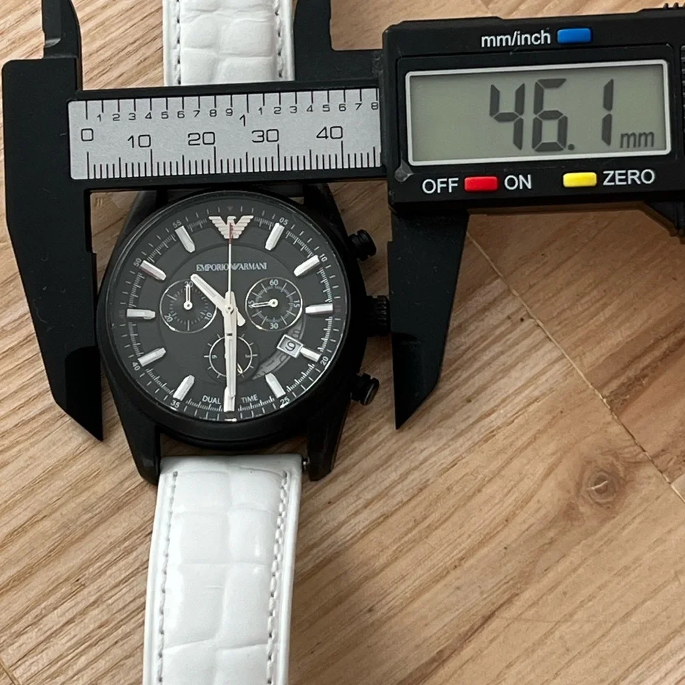 Emporio Armani Chronograph Watch Black Solid Stainless Case White Leather Strap